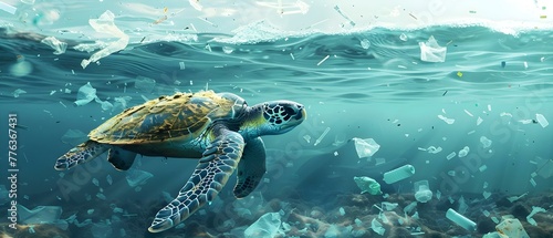 Sea turtle navigating through plastic pollution in ocean  mistaking debris for food. Concept Marine Pollution  Plastic Debris  Sea Turtles  Ocean Conservation  Ecological Impact