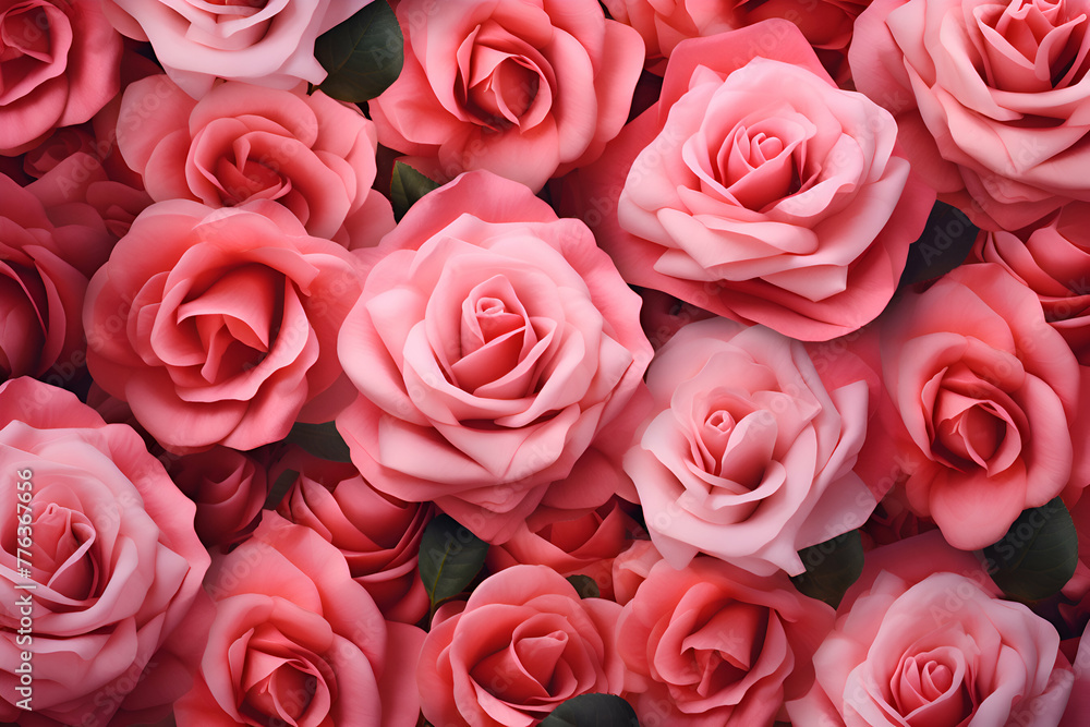 Fototapeta premium Pink roses background. valentine's day background. Top view