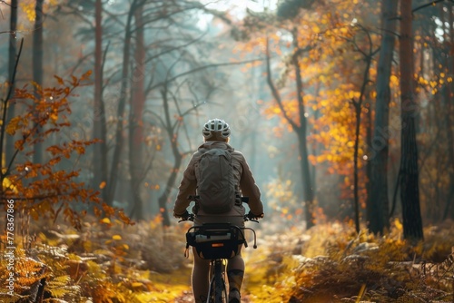 Back view of man cycling thro the forest in the morning photo