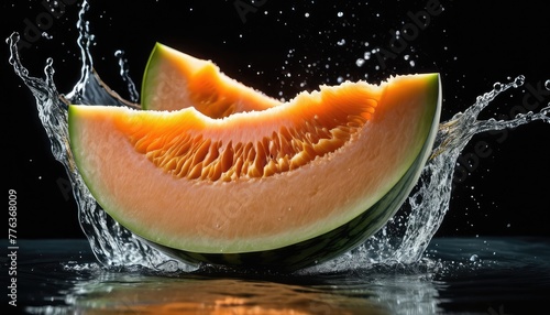 Fresh melon plunging into water  creating dynamic splashes against a sleek black backdrop  a refreshing burst of summer sweetness