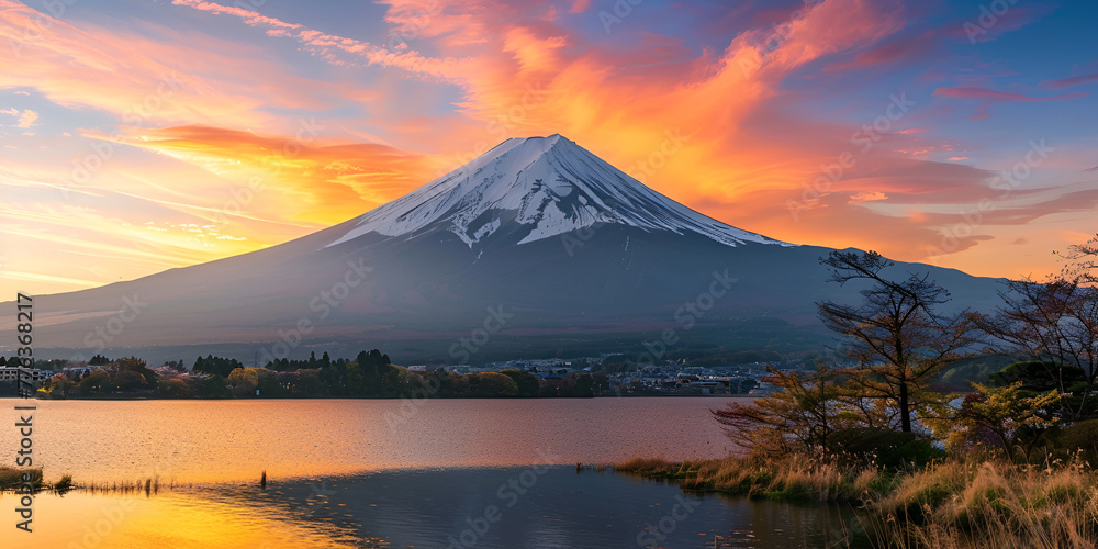 Beautiful scenic landscape of mountain Fuji or Fujisan with reflection on Shoji lake at dawn with twilight sky 