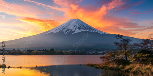 Beautiful scenic landscape of mountain Fuji or Fujisan with reflection on Shoji lake at dawn with twilight sky  photo