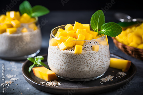 Organic Mango with chia pudding for healthy vegan breakfast
