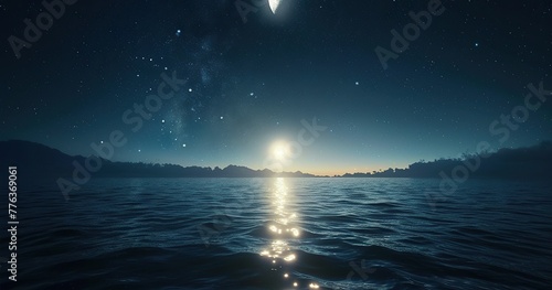 realistic night sky with moon above the sea, rule of thirds composition © ofri