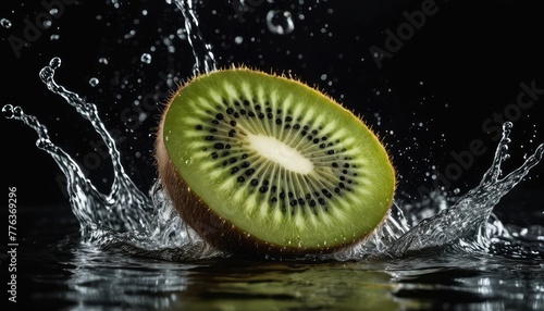 Fresh kiwi plunging into water, creating dynamic splashes against a sleek black backdrop, a tropical burst of flavor and color