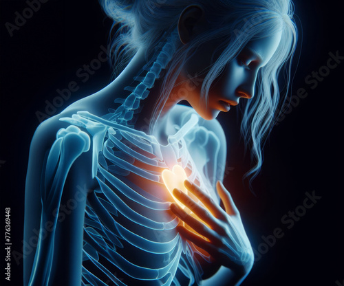 The body of a young woman suffering from pain and pressing his arm to his chest. Allegory of health and pain. Tired woman with severe chest pain. Polygon vector wireframe concept. 