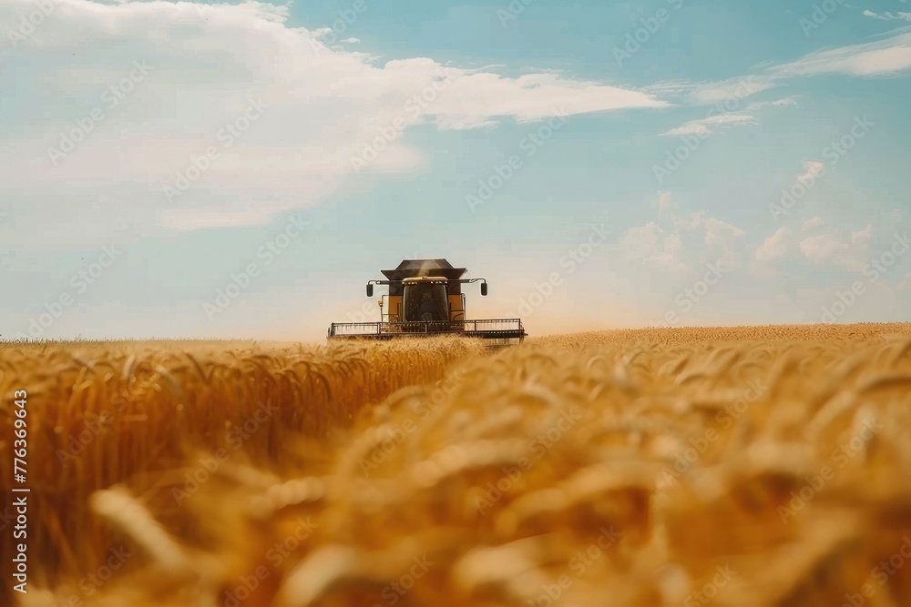 Naklejka premium Combine harvester harvests ripe wheat