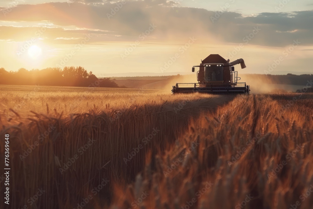 Fototapeta premium Combine harvester harvests ripe wheat