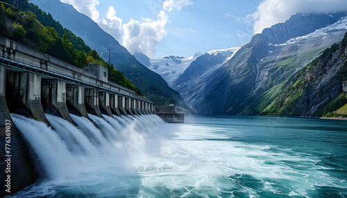 A large hydroelectric power plant high in the mountains. A large flow of water that gives energy.