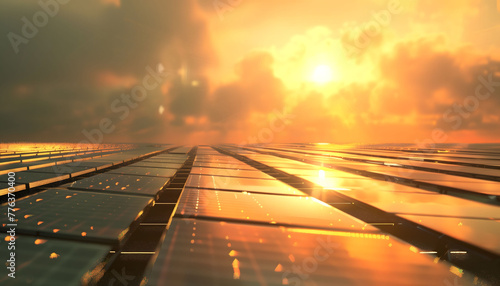 Large plantations of solar panels at sunset