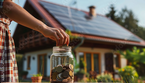 The concept of saving money using solar energy. A woman throws coins into a transparent jar to show the cost savings of using solar energy.