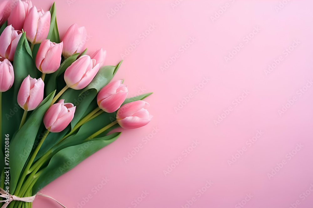 Bouquet of pink tulips on a pink background with copy space