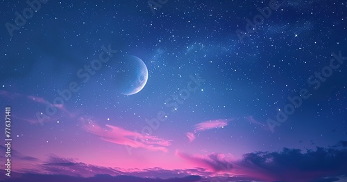 realistic photo of a light purple blue sky and some tiny stars and a half moon, pink universe, sparkly stars, galaxy, blue, pink, dark black blue in the top