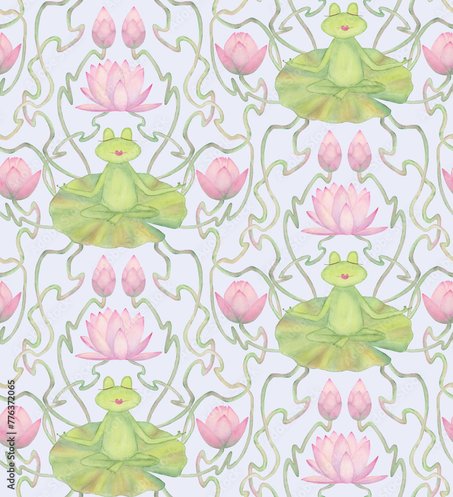 Frogs meditation of in art nouveau style lake seamless pattern