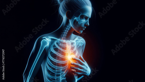 The body of a young woman suffering from pain and pressing his arm to his chest. Allegory of health and pain. Tired woman with severe chest pain. Polygon vector wireframe concept. 