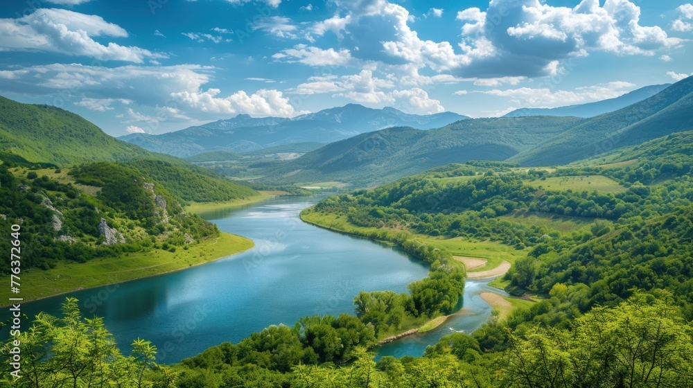 Panorama view a river surrounded by green hills on a sunny day landscape. AI generated image