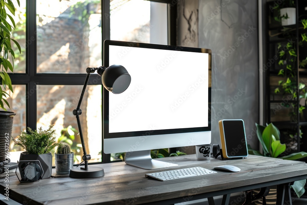 Fototapeta premium Modern bright office with work desk and computer white mockup screen