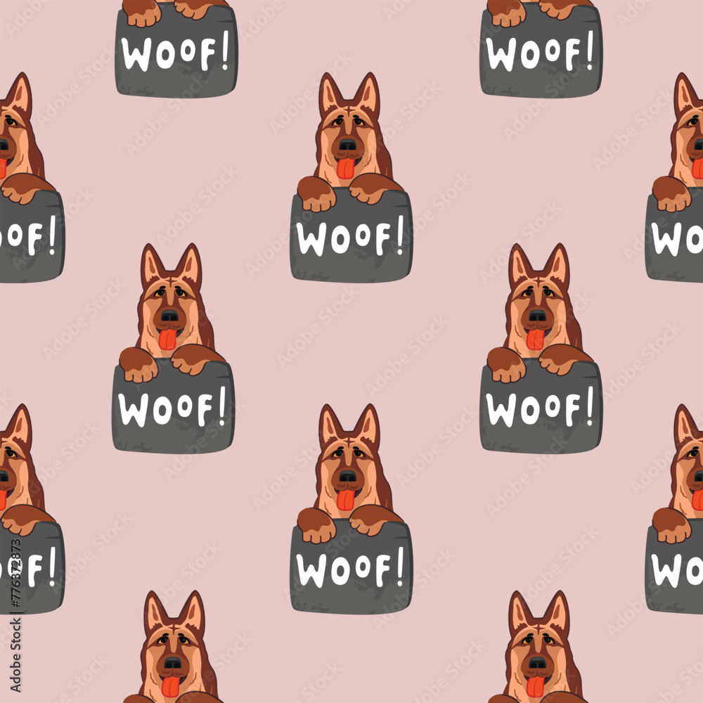 Funny seamless pattern with cute shepherd dog and handwritten Woof .Colorful background with animal head and signboard.Vector design for printing on fabric and paper.Endless wallpaper,cover,packaging.