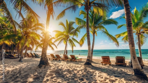 Tropical beach with palm trees with sun loungers travel background Generative AI