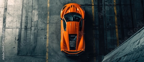 Orange supercar in a gray hangar. Background or screensaver for a 34-inch widescreen monitor. Top view. AI generative.