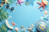 blue background with beach vacation symbols - generative ai