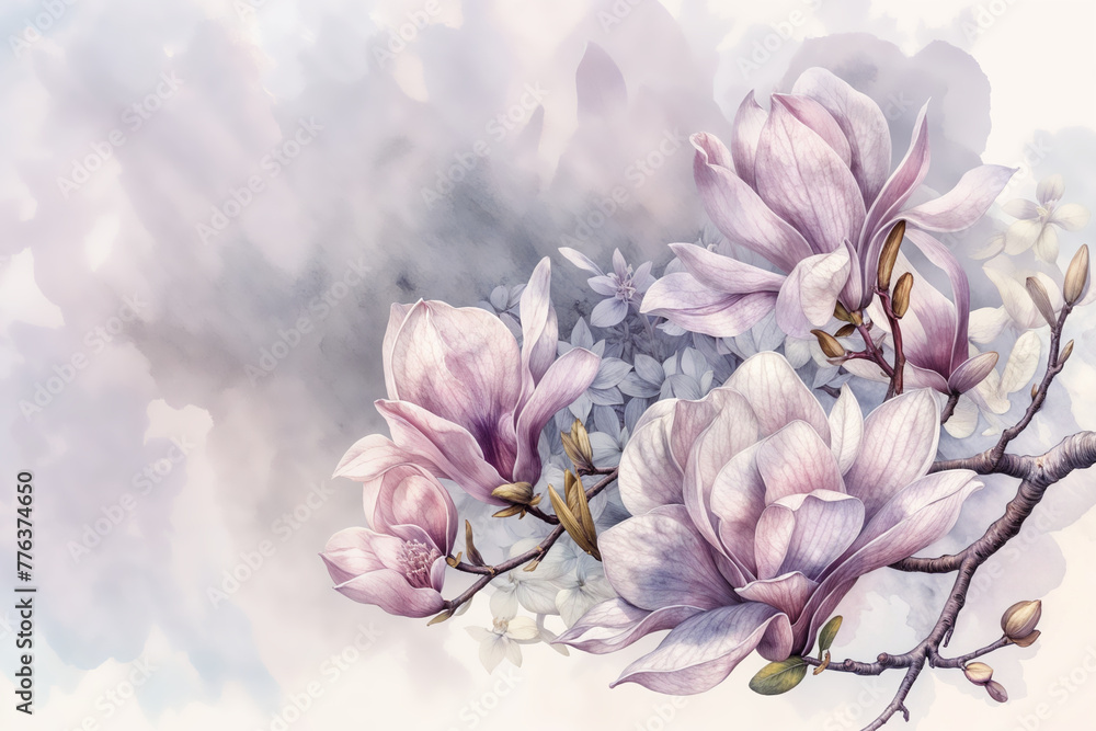 Lilac Magnolia Blossoms, Soft Watercolor Florals in Gentle Hues,  Wedding Invitations, Greeting Card, and Delicate Home Decor, Poster, Banner, Space for Text, Birthday, Mother's Day, Design Template