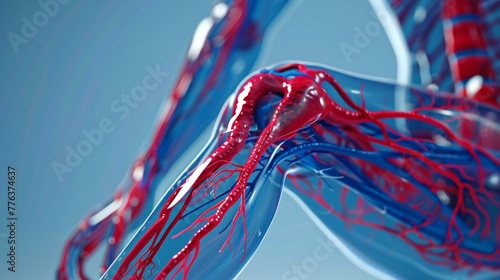 A close up of a human leg with blood vessels running through it. Generative AI.