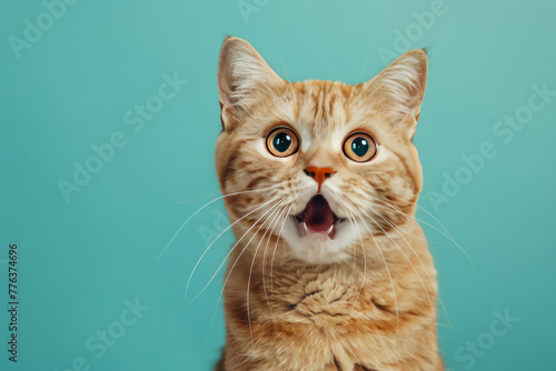 Cat looking surprised, reacting amazed, impressed or scared over solid blue background
