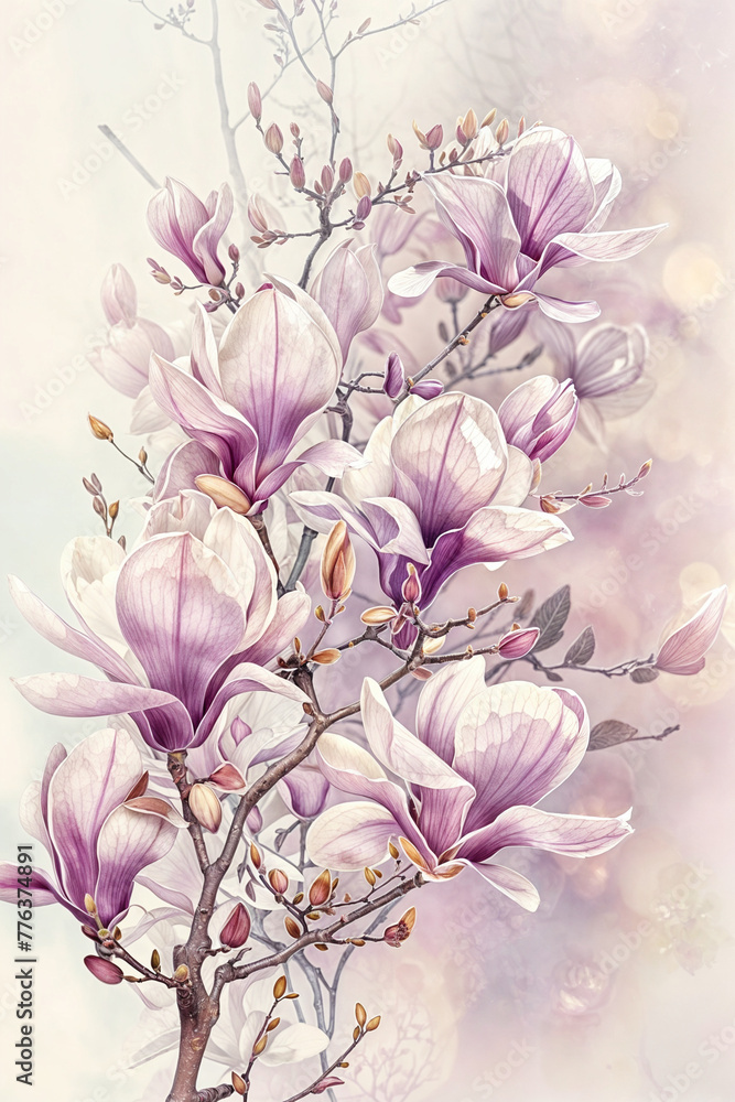 Lilac Magnolia Blossoms, Soft Watercolor Florals in Gentle Hues,  Wedding Invitations, Greeting Card, and Delicate Home Decor, Poster, Banner, Space for Text, Birthday, Mother's Day, Design Template