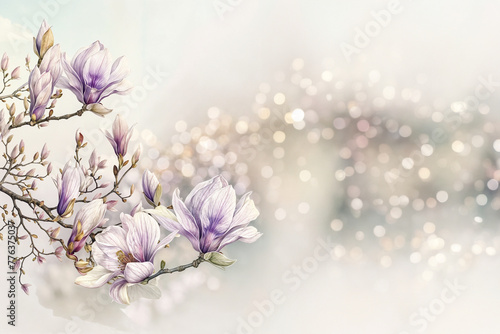 Lilac Magnolia Blossoms  Soft Watercolor Florals in Gentle Hues   Wedding Invitations  Greeting Card  and Delicate Home Decor  Poster  Banner  Space for Text  Birthday  Mother s Day  Design Template
