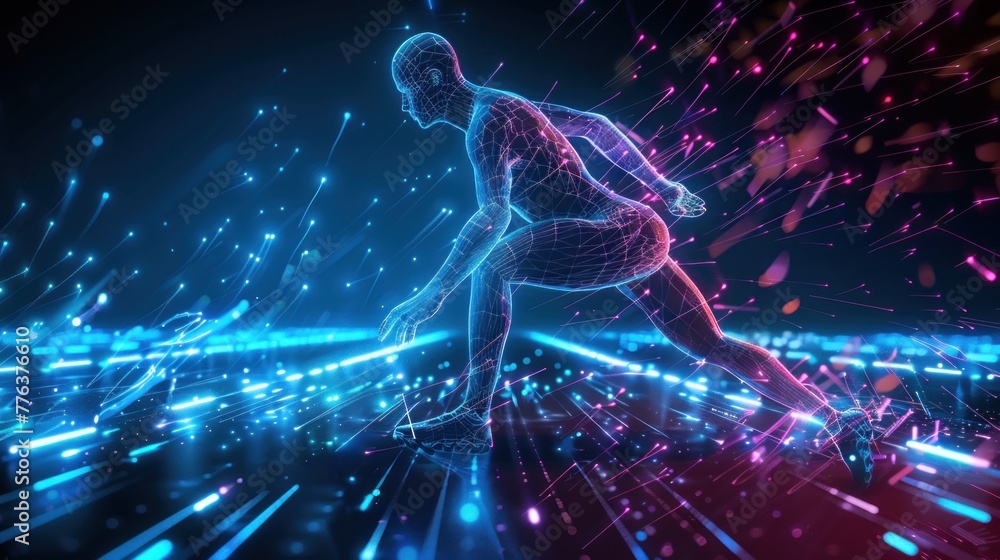 Digital human running athlete with digital wireframe neon light background. AI generated image