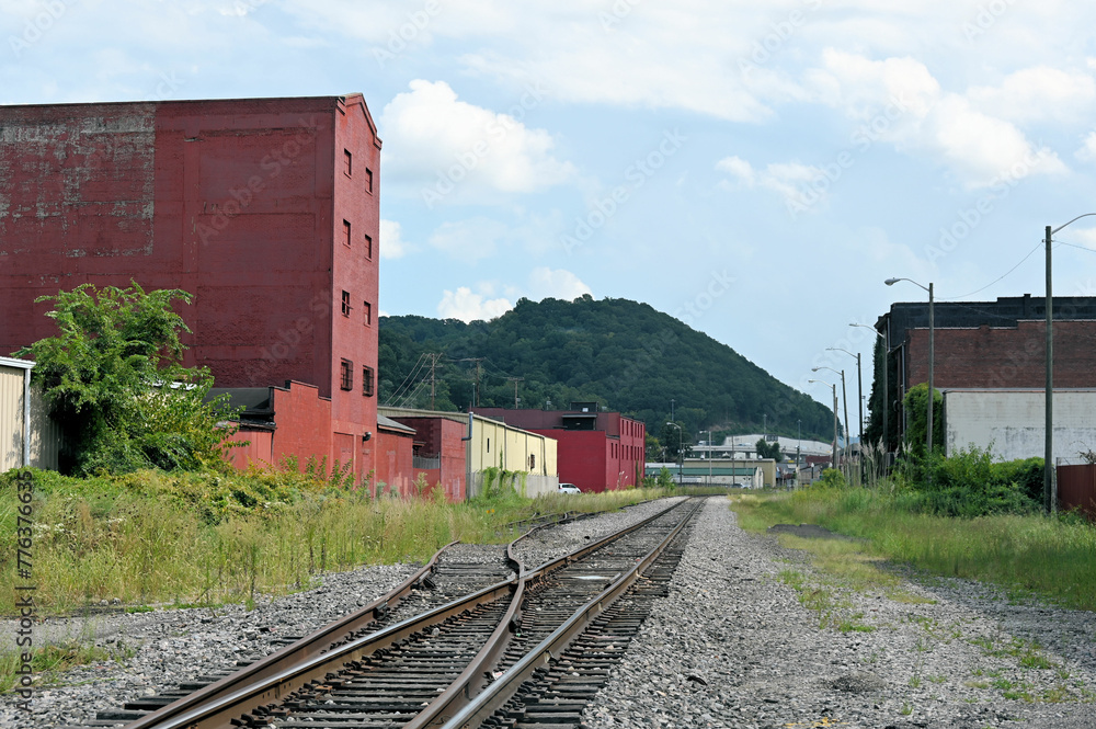 Obraz premium Small American Town Railroad SIde Buildings and Track with Mountain in Background