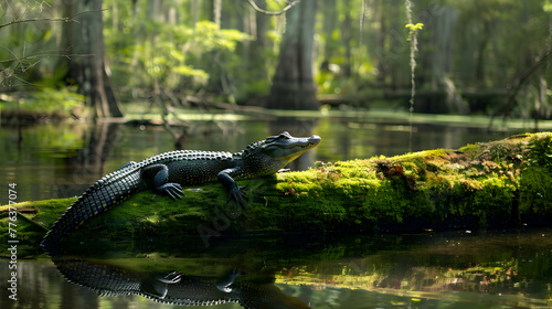 Serene scene of an alligator resting on a moss-covered log, surrounded by lush greenery in a secluded bayou