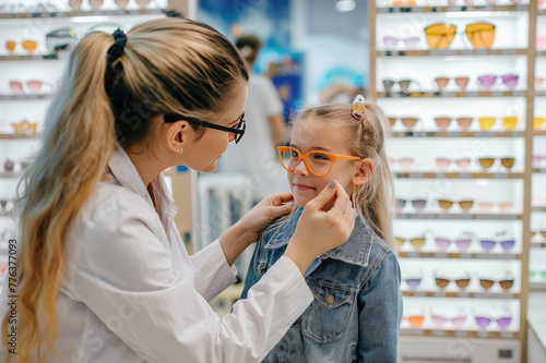Optometrist helping little kid to choose glasses in optics.