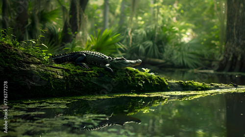 Serene scene of an alligator resting on a moss-covered log, surrounded by lush greenery in a secluded bayou photo