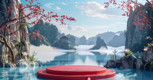 round float podium, product photograph, traditional Chinese landscape style