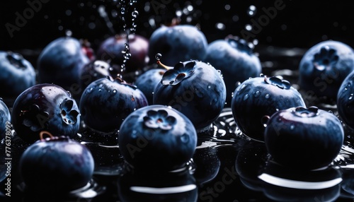 Fresh blueberries dropping into water  creating a captivating splash against a black background. Vibrant and dynamic fruit photography