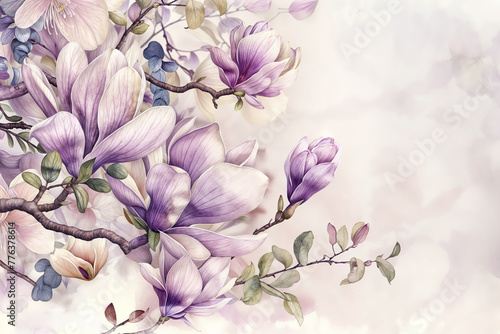 Lilac Magnolia Blossoms  Soft Watercolor Florals in Gentle Hues   Wedding Invitations  Greeting Card  and Delicate Home Decor  Poster  Banner  Space for Text  Birthday  Mother s Day  Design Template