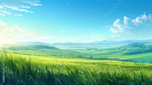 Illustration green fields or green hills landscape in bright blue sky background. AI generated image