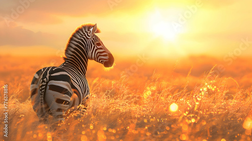 Zebra basking in the warm glow of dawn, dew-kissed grass sparkling beneath its hooves as it surveys its tranquil surroundings photo