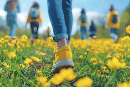 Close-up of bright yellow shoes stepping on lush green grass peppered with vibrant yellow wildflowers, under a sunny sky