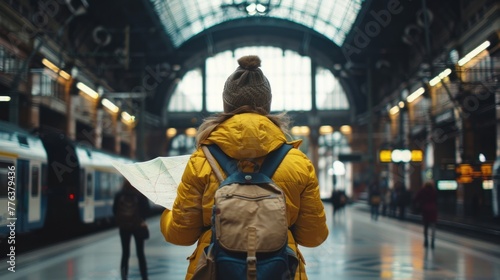 A Woman traveler wearing yellow jacket holding map paper inside train station. AI generated
