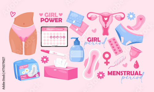 Menstruation period icons set with feminine hygiene objects and etc.
