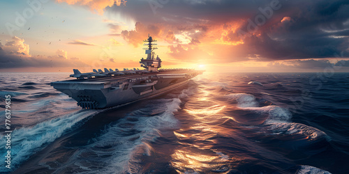 Military aircraft carrier ship sailing on sea photo