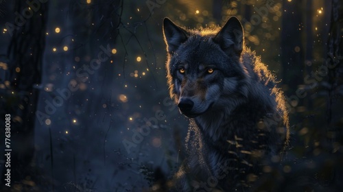 Magical Wolf animal wildlife in enchanted forest dramatic background. AI generated