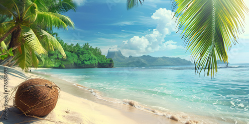 A beach with palm trees and mountains in the background 