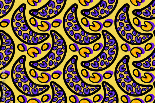 Wild stylish animalistic tropical bananas fruit. Moon. Cheetah skin, fur spots. Seamless vector pattern for design and decoration.
