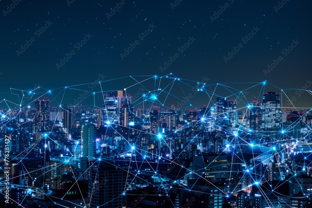 A city skyline at night with blue digital lines connecting buildings, symbolizing technology and connectivity Generative AI