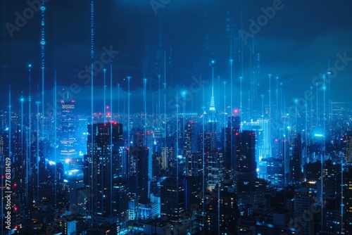 A city skyline at night with glowing blue data streams representing digital connections, symbolizing the era of big technology Generative AI