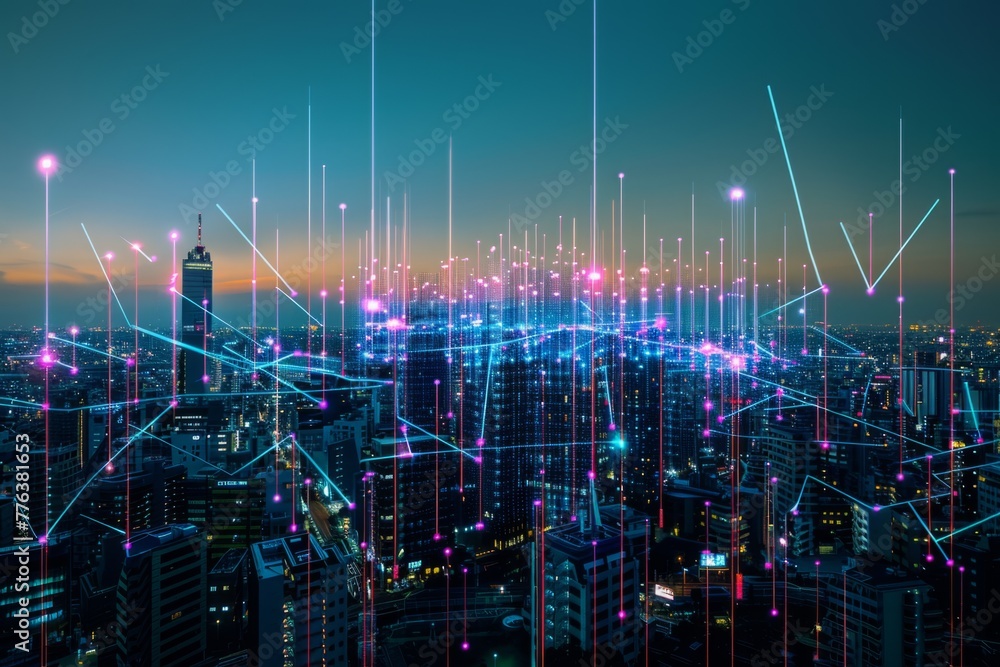 A city skyline at night with glowing lines of data flowing across the sky, symbolizing advanced technology and connectivity in urban environments Generative AI